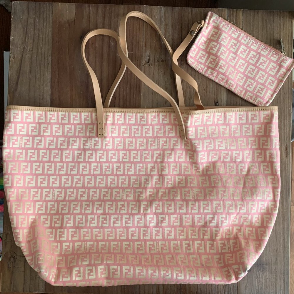 Fendi Pink and Yellow Zucchino Canvas Roll Tote